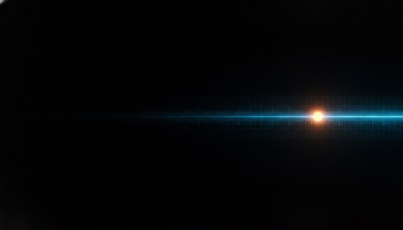 Instrument-mode ambient field — an ion-azure calibration shaft resolving over obsidian with a single molten-amber live node