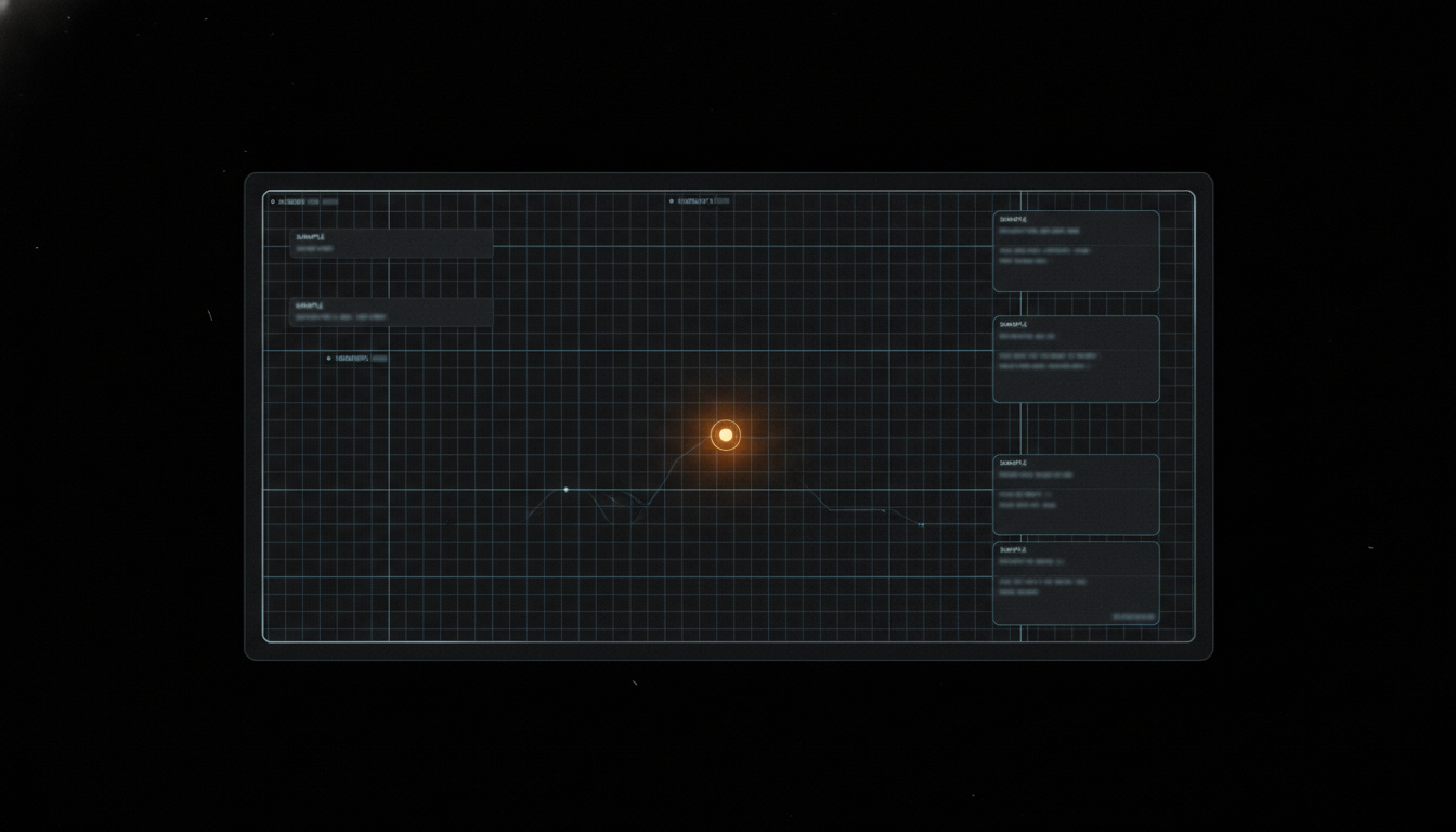 An instrument-grade Detection readout — a fine ion-azure precision grid over obsidian with SAMPLE-flagged, non-legible findings and one glowing molten-amber live node