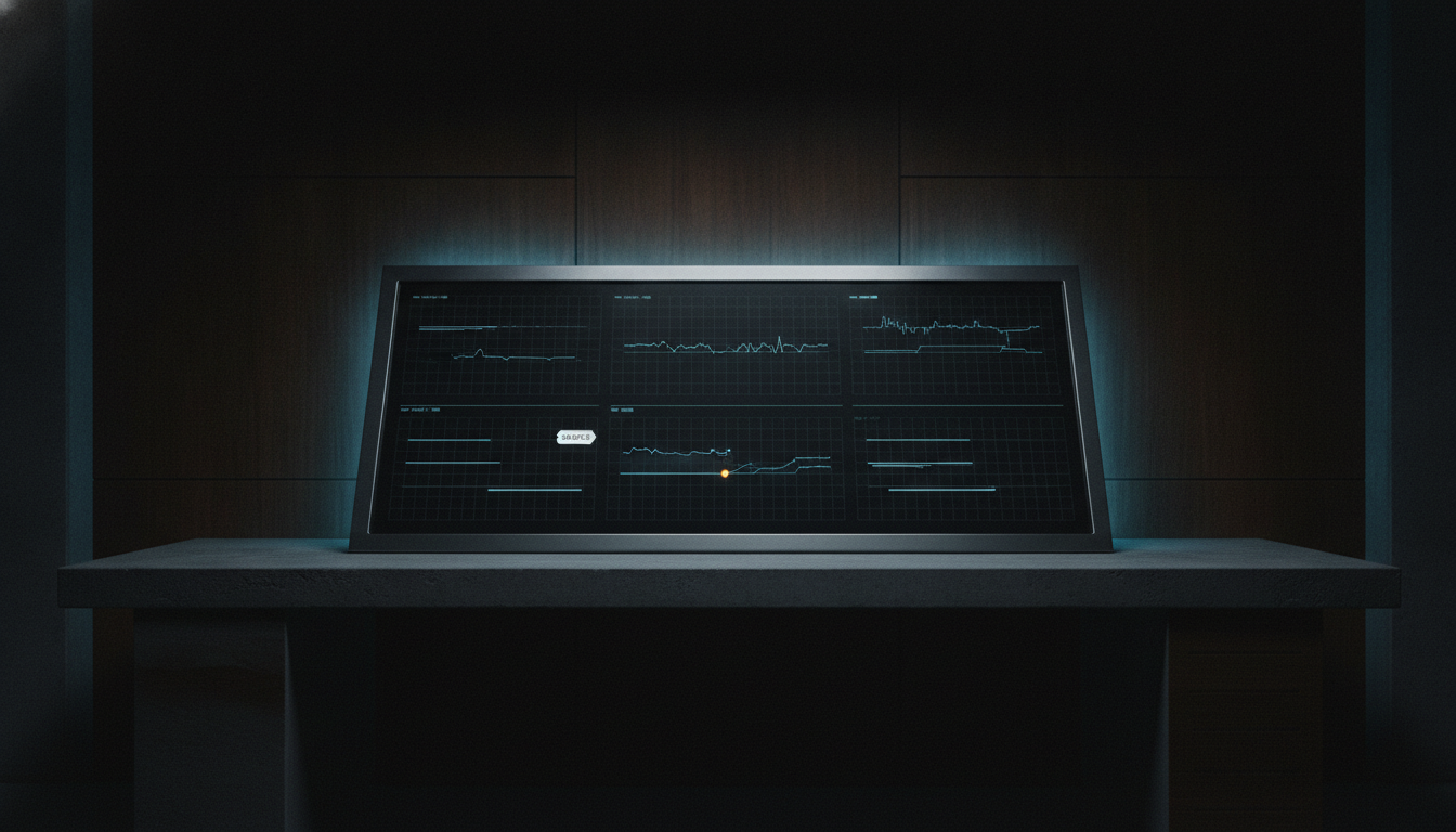 An honest analytics instrument surface on obsidian — a matte dark dashboard with non-legible, SAMPLE-flagged readouts and a single molten-amber live node; no invented KPIs