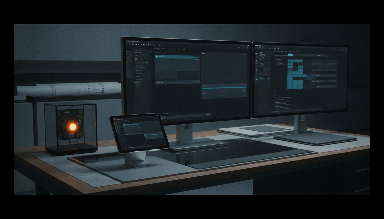 A real build environment — dual screens showing a dark IDE and a product UI beside a tablet on a warm-wood desk under cool light, one amber indicator glowing