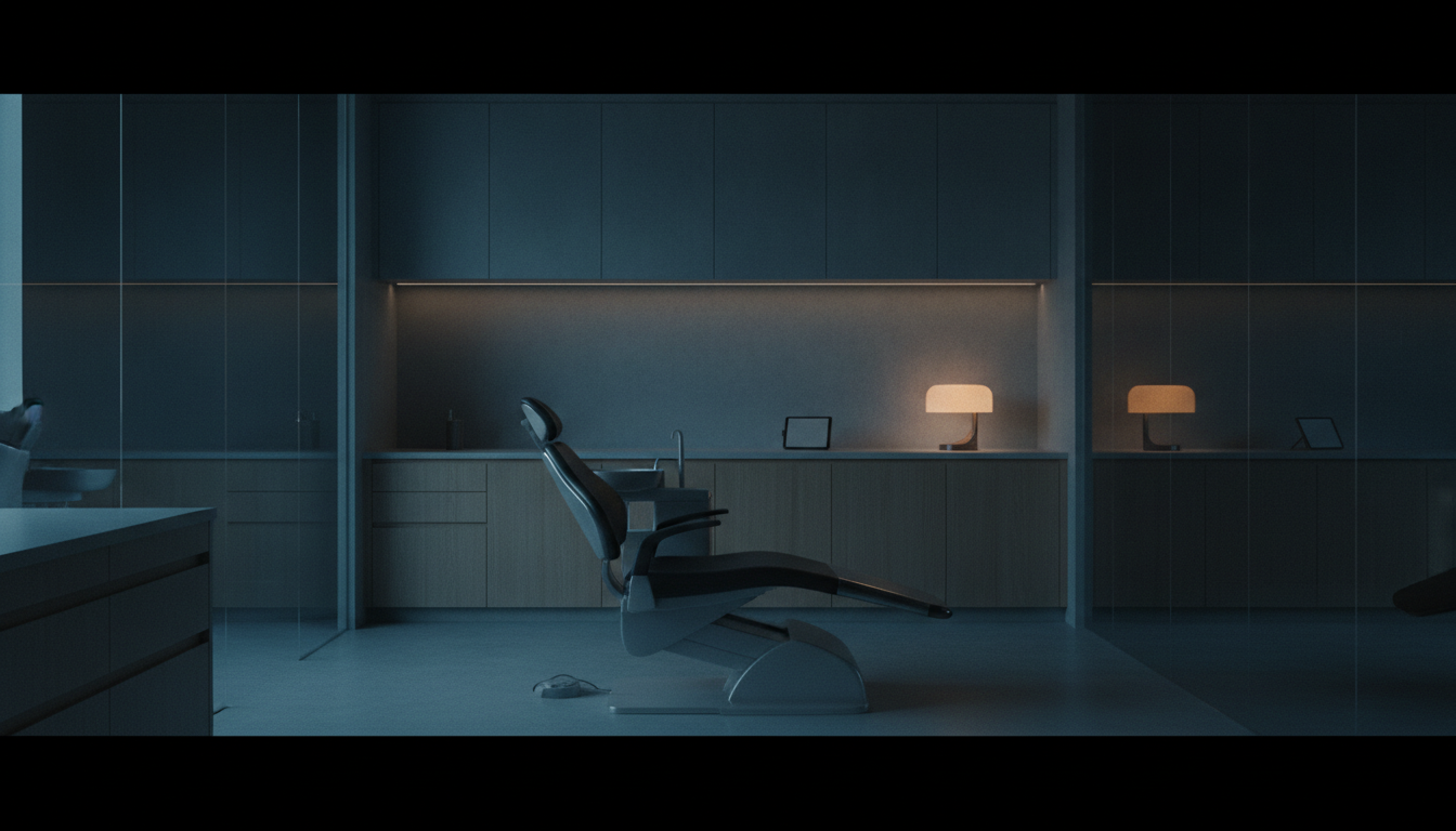 A premium modern dental clinic interior with warm-wood cabinetry under cool light, a single amber lamp accent