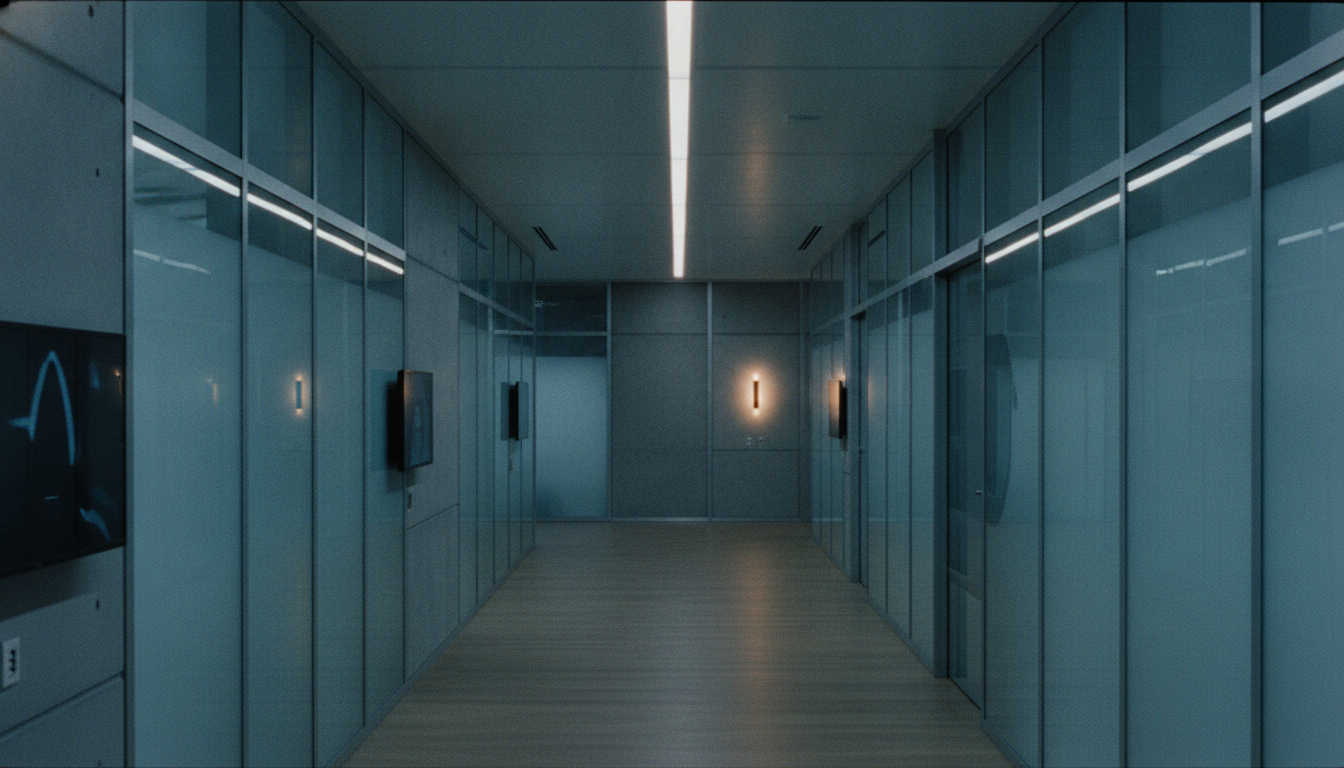 A clean modern clinical corridor with glass partitions under cool ion-azure light, a single warm amber wall sconce — not medical-imaging theatre