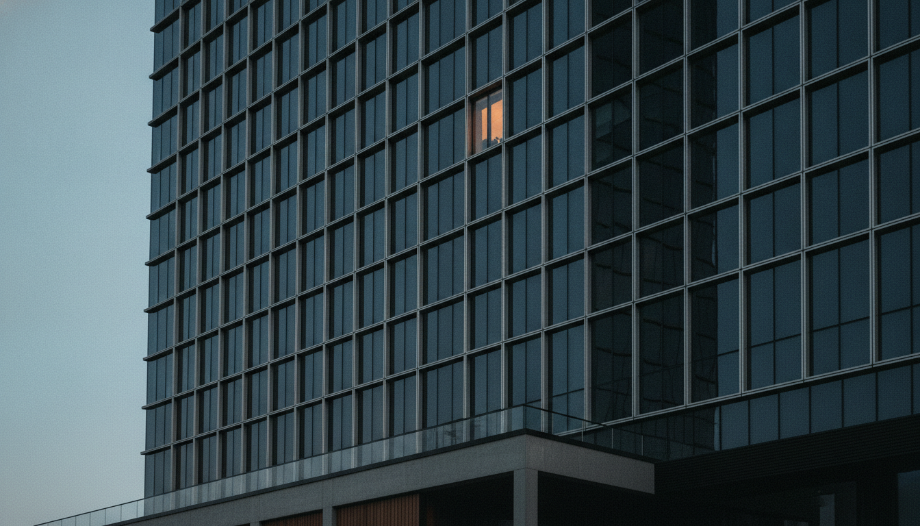 A glass high-rise at blue hour, a cool ion-azure facade with a single warm-lit window the lone amber point