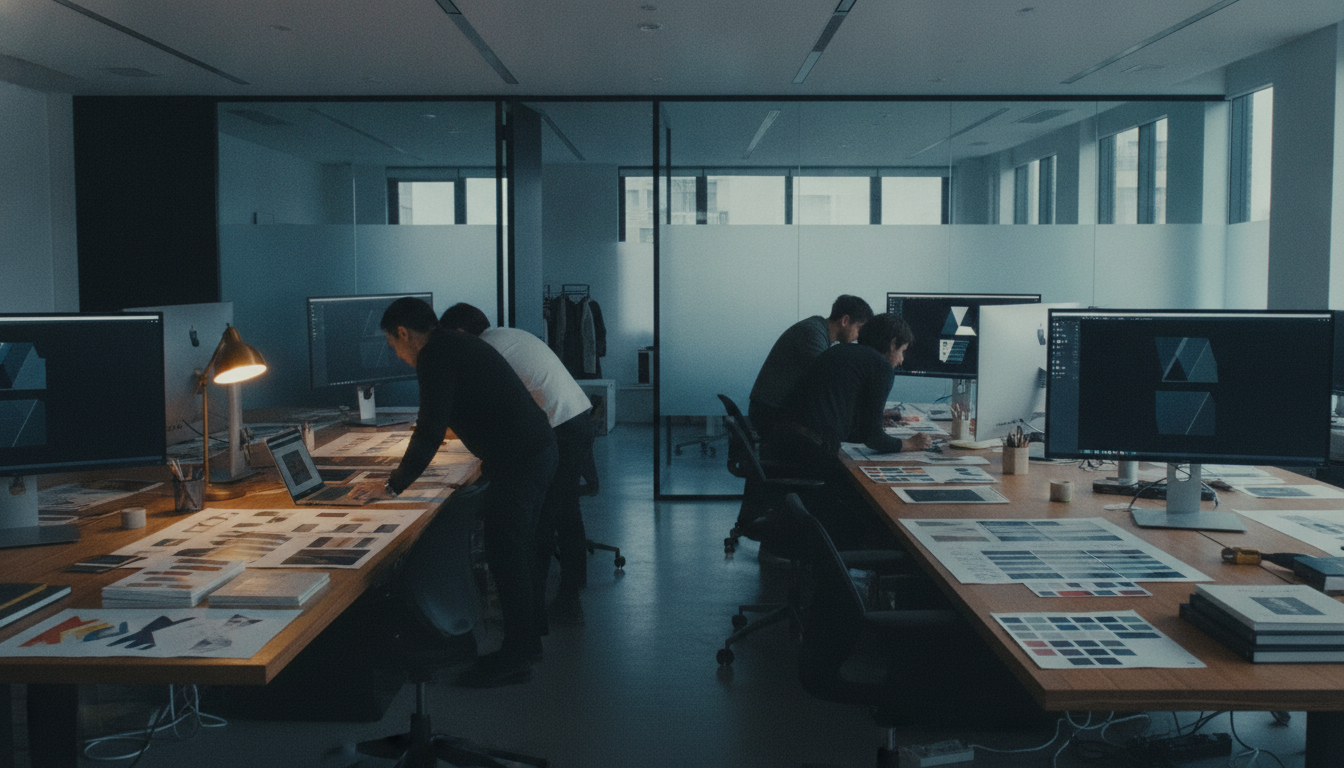 A working studio at night behind glass partitions — anonymous figures at desks lit by cool ion-azure screens, brand boards on a table, and a single warm amber desk lamp the lone warm point