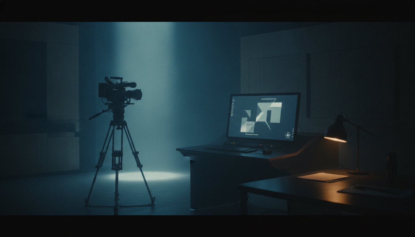 A cinema production suite in the dark — a camera silhouette in a volumetric ion-azure shaft, a single amber desk lamp the lone warm point
