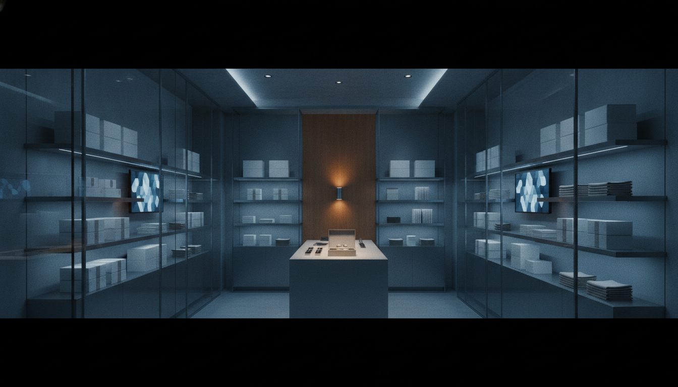 An upscale retail boutique interior with unbranded product boxes on display under cool ion-azure light, one warm amber sconce